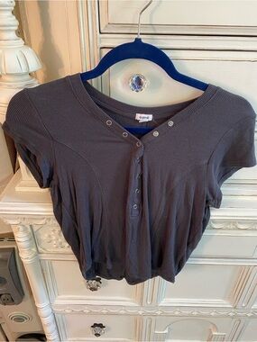 Garage Charcoal Ribbed Short Sleeve Henley Top